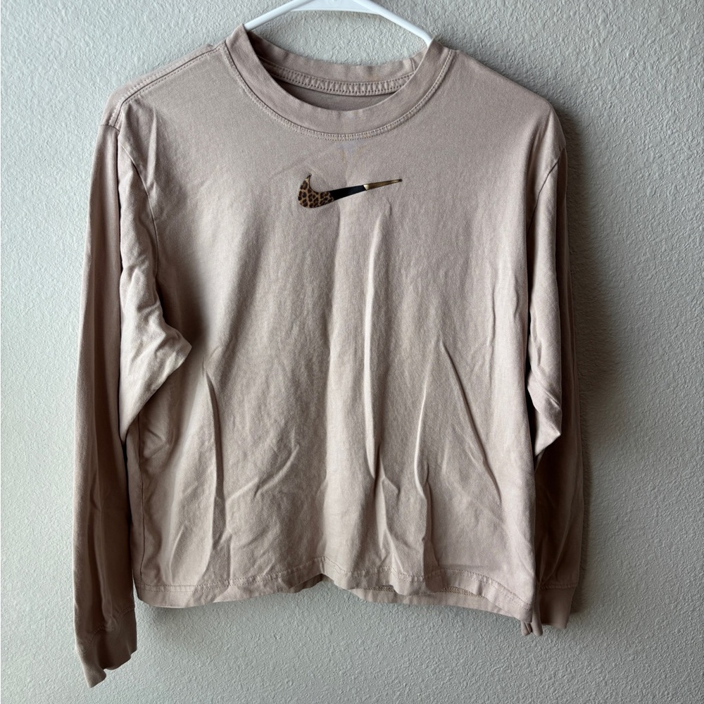 Nike Long Sleeve Tee in Beige with Leopard Swoosh